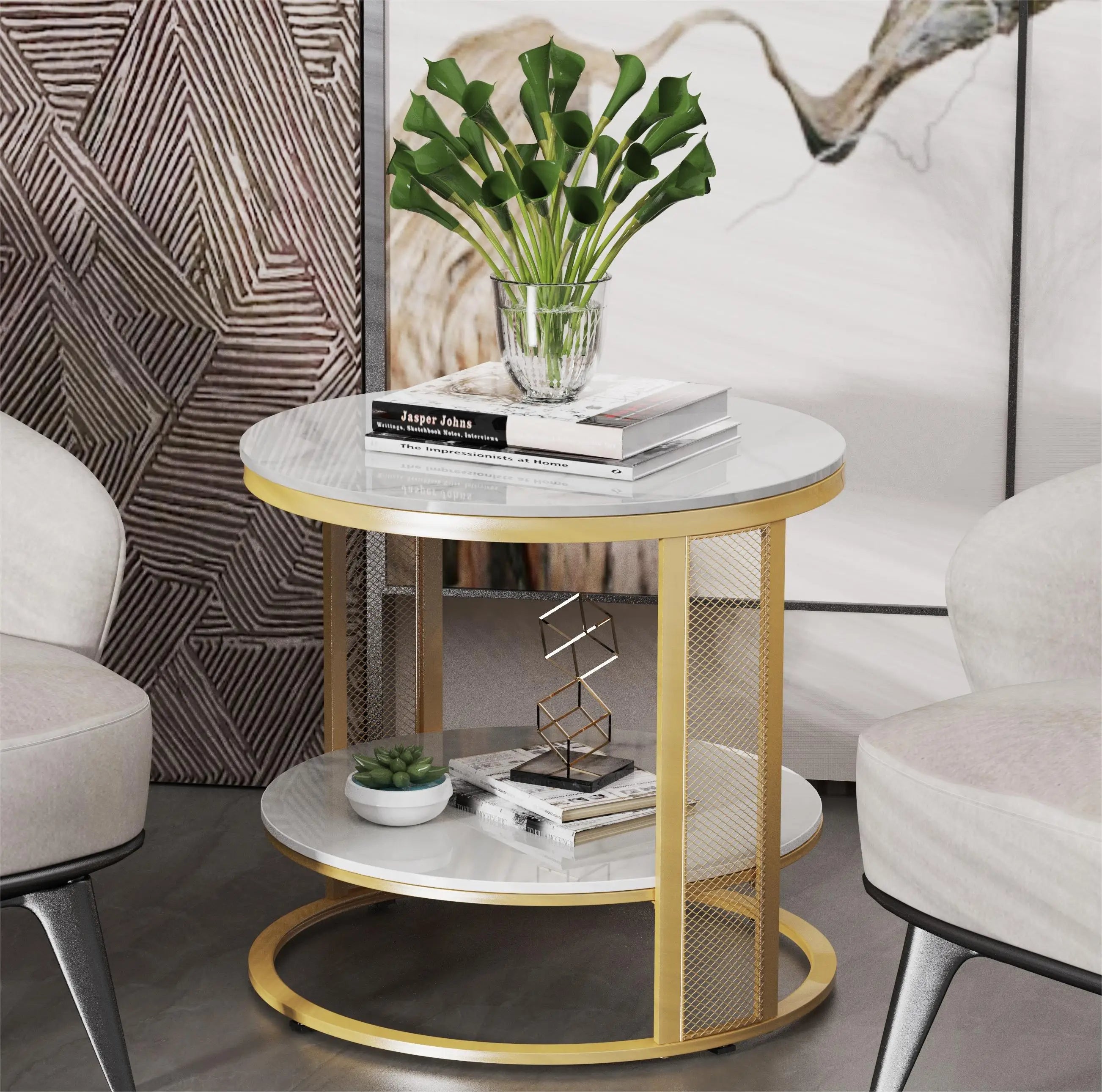 2 Tier Marble Effect Coffee Table Large Sofa Side End Table Golden Metal Frame