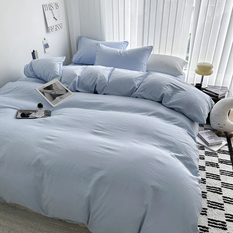 Solid Bed Linen Cotton Bedding Set with Sheet Duvet Cover Pillowcase Single Couple Bedsheet King Queen Double Twin Size