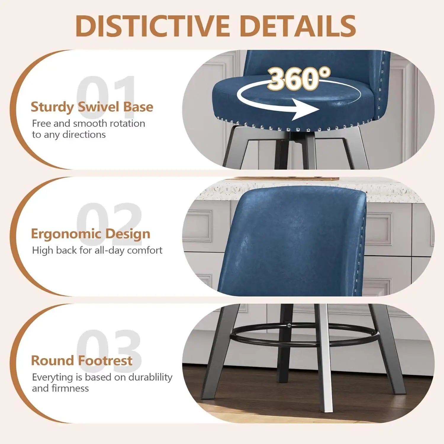 Swivel Counter-Height Bar Stools – PU Leather High Back with Footrest (Navy Blue)