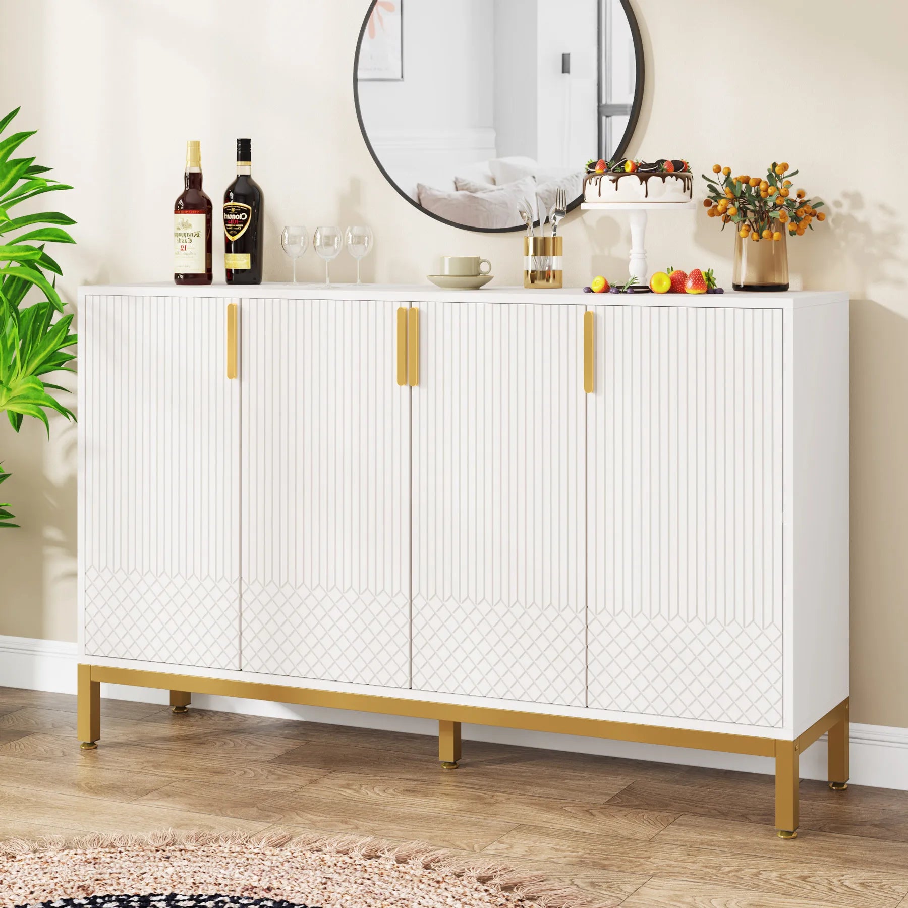 Tribesigns Modern Storage Cabinet, 59 Inch Console Cabinet Sideboard Buffet Cabinet with 4 Doors & Gold Metal Base
