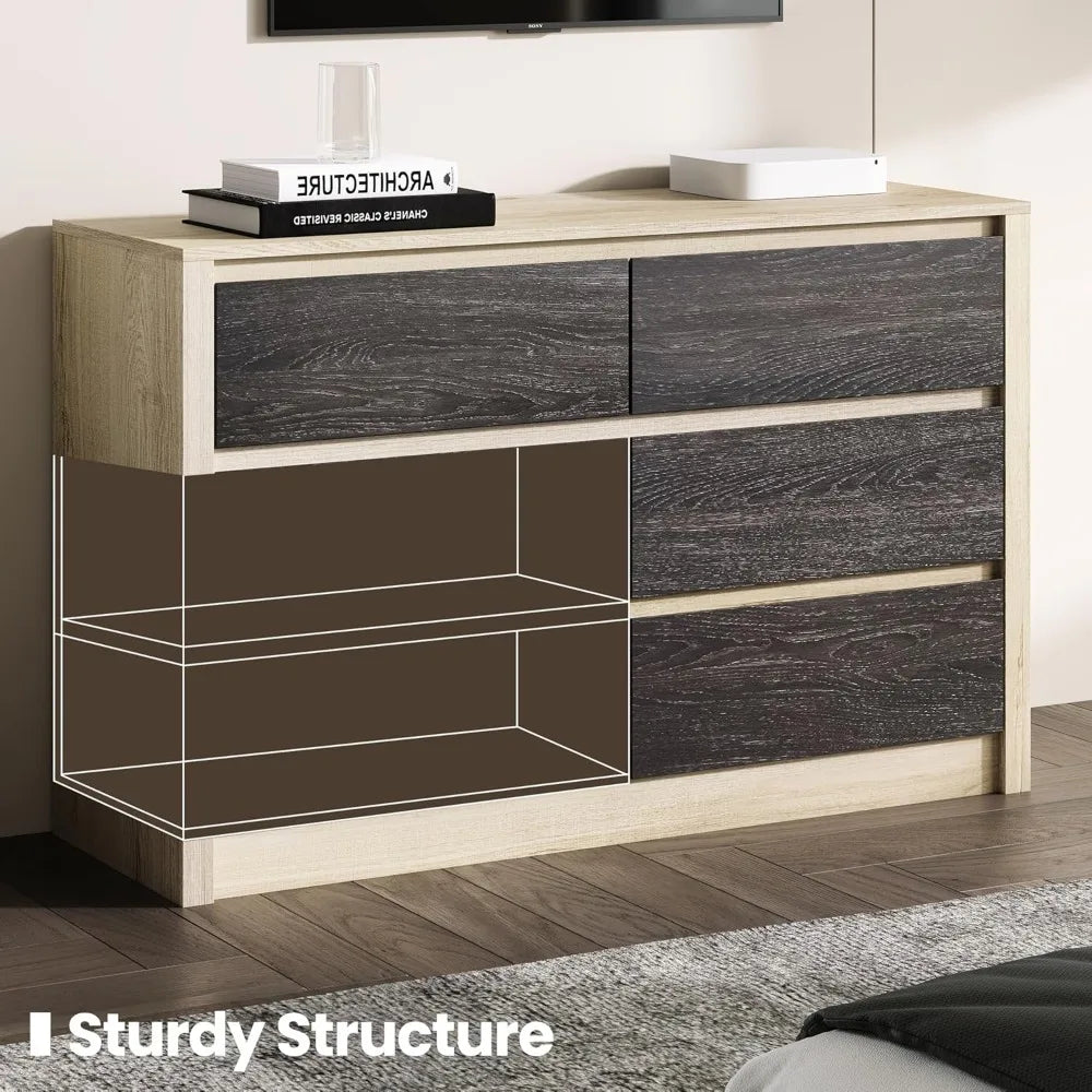 Modern Farmhouse 6 Drawer Dresser for Clothes Storage, 47" Wide Handle-Free Wood Chest, Light Greige Oak and Charcoal Ash Two