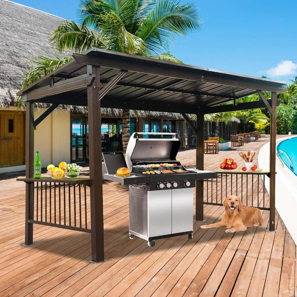 6.5x12FT Hardtop Grill Gazebo, All-Weather Outdoor BBQ Gazebo with 2 Side Shelves and 4 Ceiling Hook, Galvanized Steel Pitched R