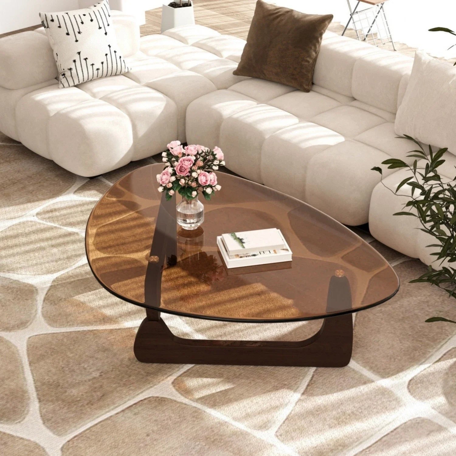Modern Irregular Accent Coffee Table – Amber-Tinted Tempered Glass Center Table