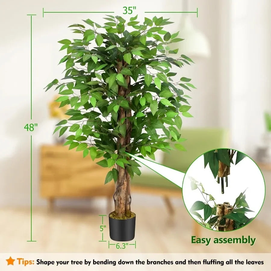 4ft Ficus Artificial Trees with Natural Curved Trunks 48 Tall Lush Faux Tree for Home Decor Indoor Green Lifelike Fake Ficus Tr