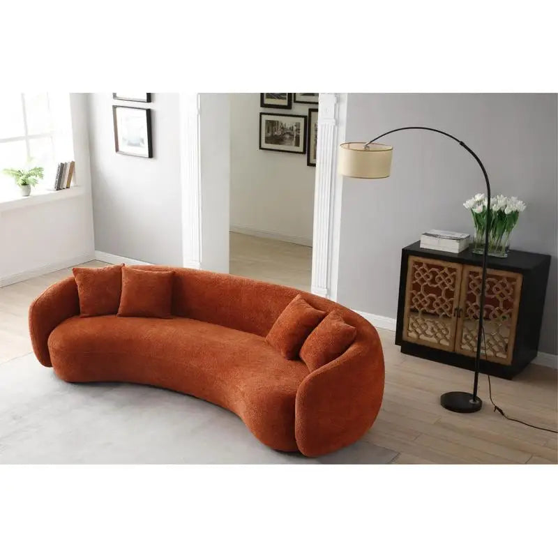 Modern Curved 5-Seater Boucle Sectional Sofa in Orange Teddy Fleece - Half Moon Design, Leisure Couch for Boho Living Room