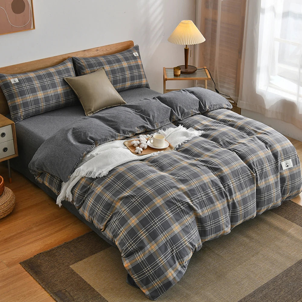 Cotton Duvet Cover Set – Japanese Grid Style (King Size, 220×240)