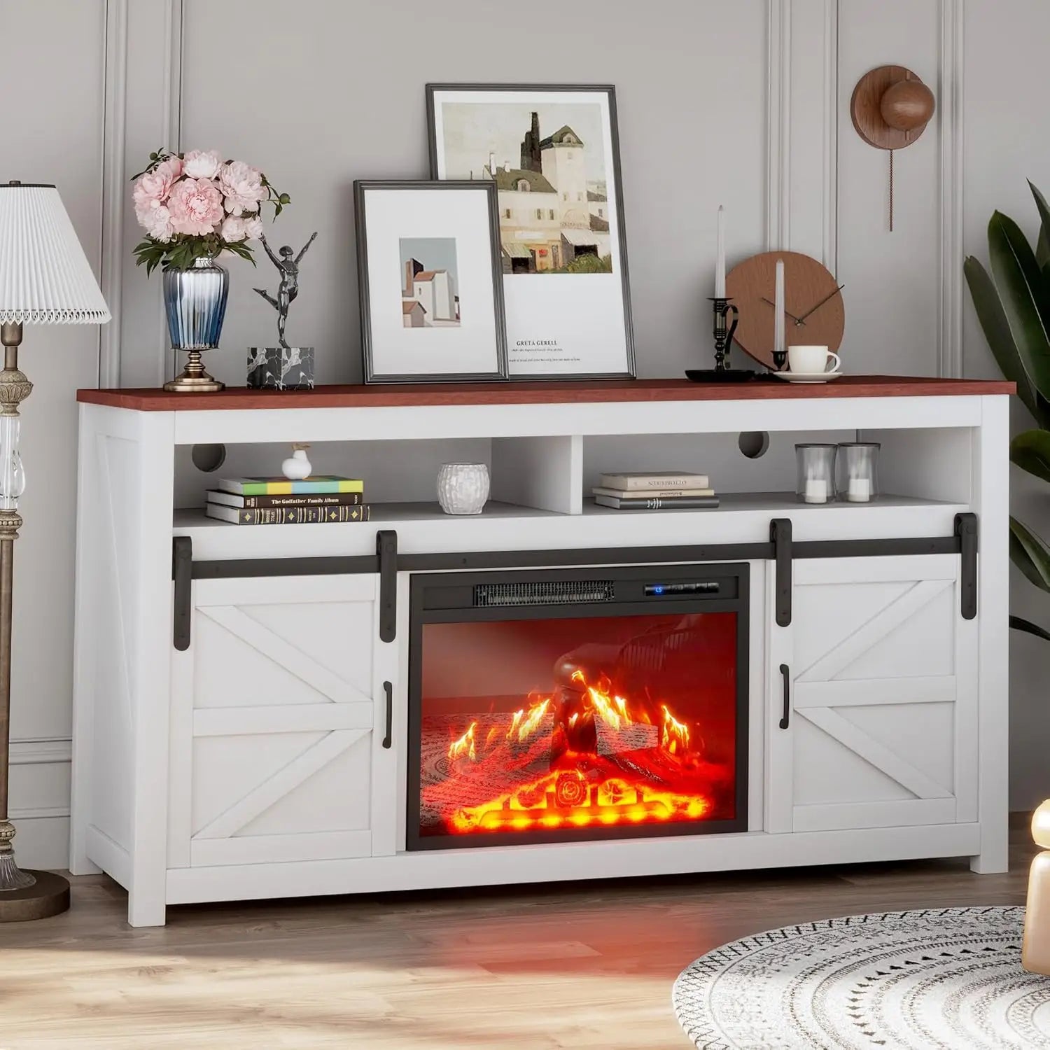 58" Fireplace TV Stand for TVs up to 65", Entertainment Center with Storage, 23" Electric Fireplace Insert Heater with Remote