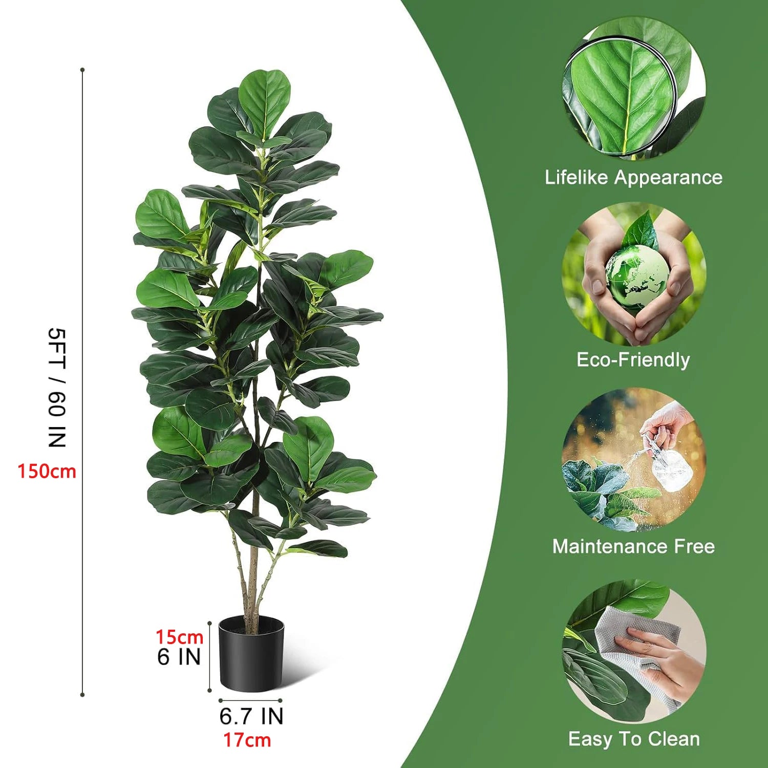 Artificial Fiddle Leaf Fig Tree Large Faux Plant Tree with Black Planter Pot Fake Potted for Indoor Outdoor Home Office Decor