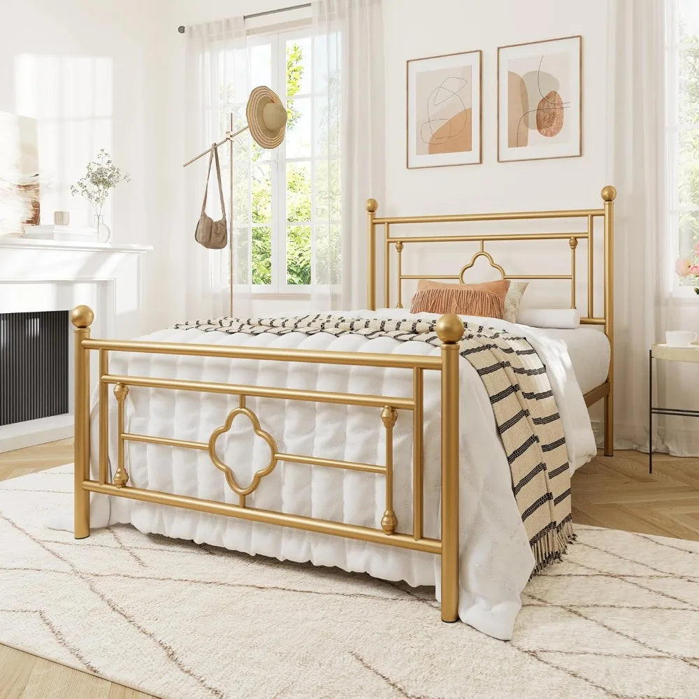 Victorian Vintage Twin Size Metal Bed Frame – Gold Finish with Headboard & Underbed Storage