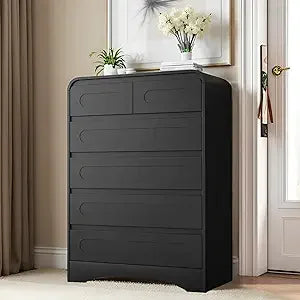 Grey Dresser for Bedroom with 6 Drawers, Tall Dressers & Chest of Drawers with Curved Profile Design, Farmhouse Wood Closet Clot