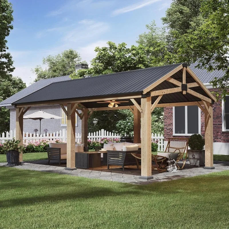 12' x 20' Outdoor Wood Gazebo, with Galvanized Steel Gable Roof, for Patio, Garden, Deck, Cedar Wood