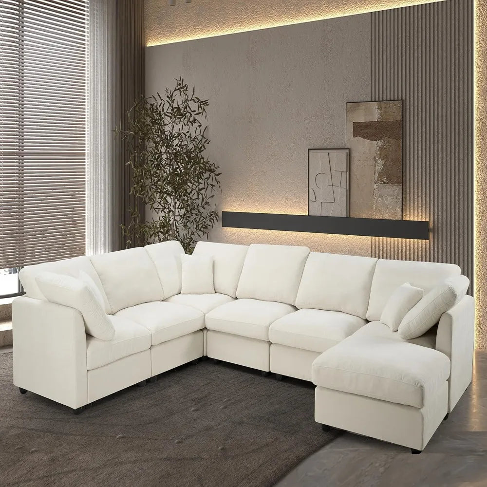 117" Modular Sectional Sofa,U-Shaped Chenille Sofa Couch with Movable Ottoman,Modern 7 Seat Cloud Sectional Couches