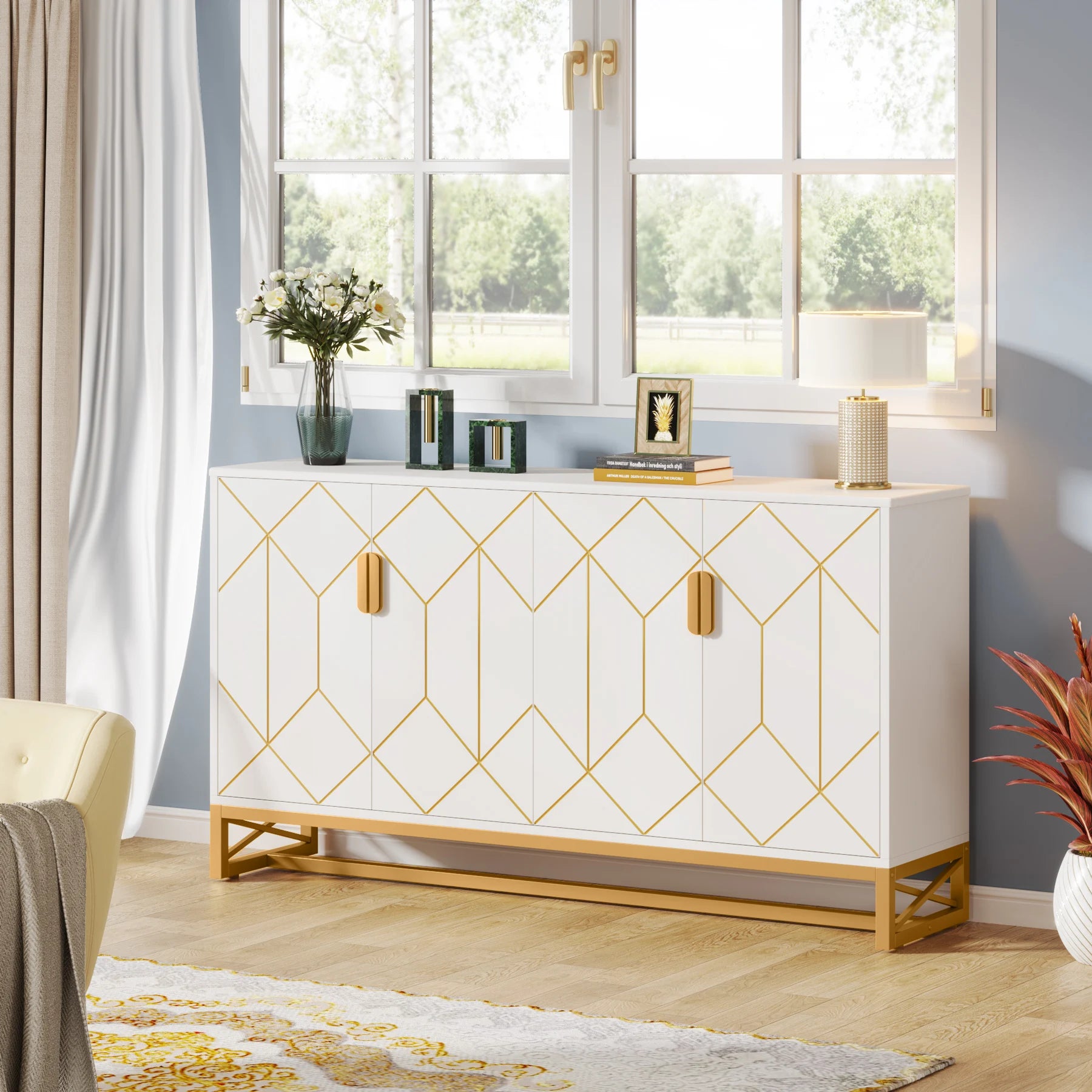 Tribesigns 59" White Gold Buffet Cabinet with Storage Kitchen Sideboard Storage Cabinet