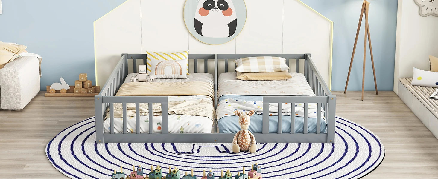 Double Twin Floor Bed with Fence & Guardrails – Doorless Design