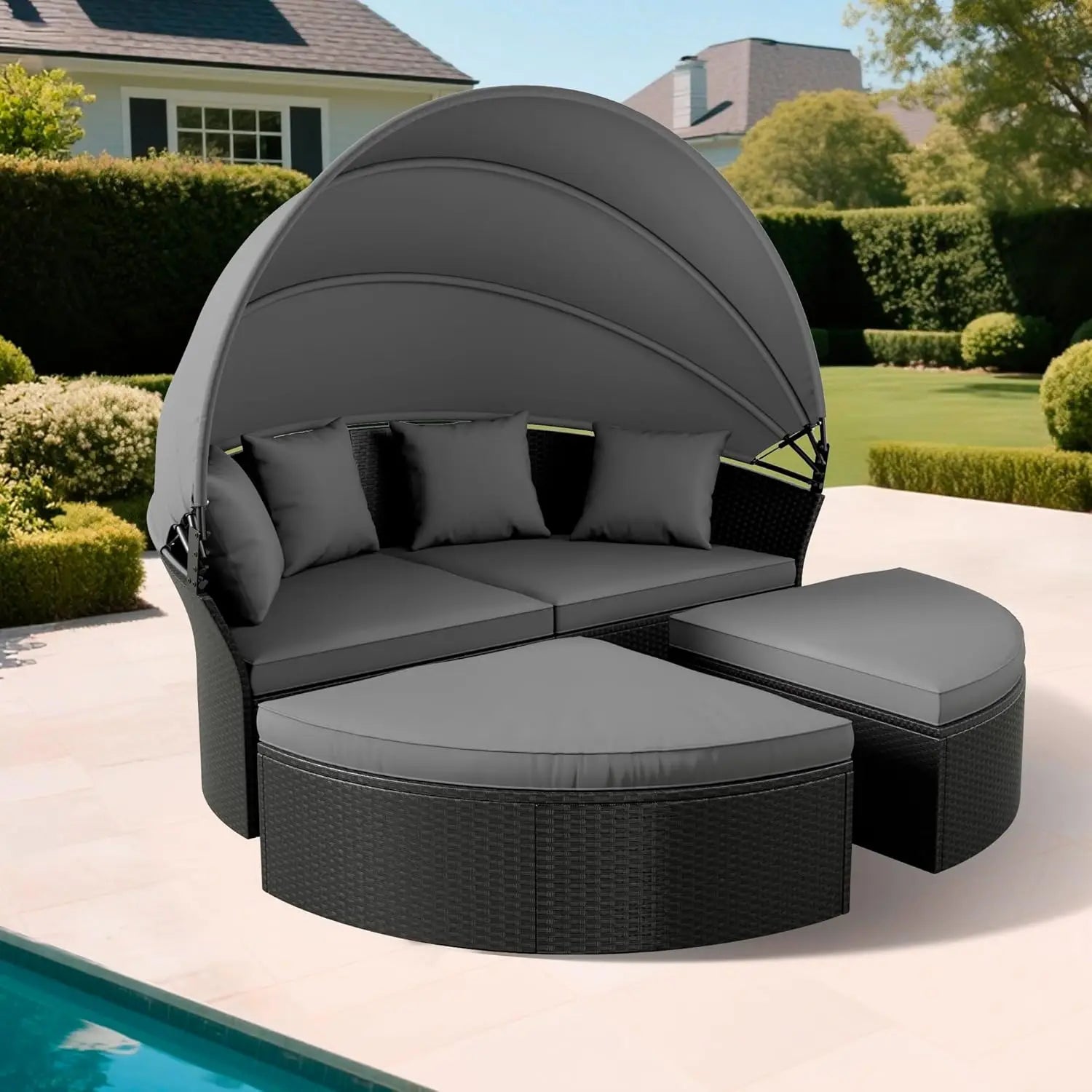 Outdoor Patio Round Daybed with Retractable Canopy, Wicker Furniture Clamshell Sectional Seating with Washable Cushions