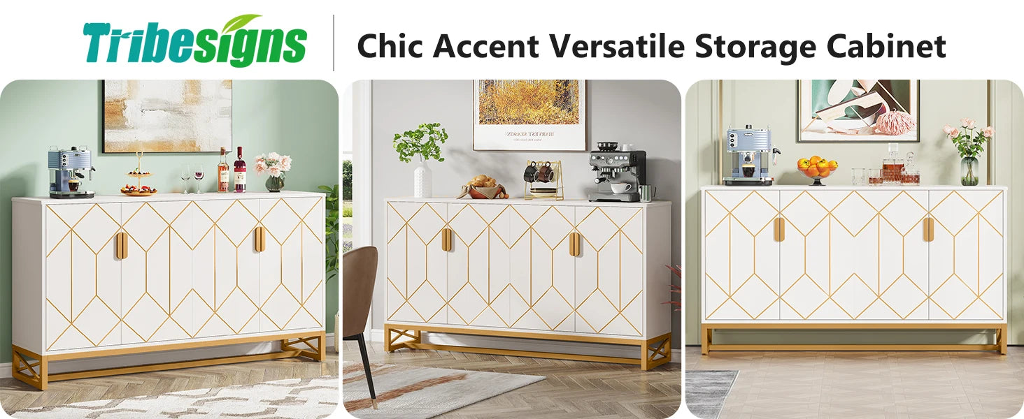 Tribesigns 59" White Gold Buffet Cabinet with Storage Kitchen Sideboard Storage Cabinet