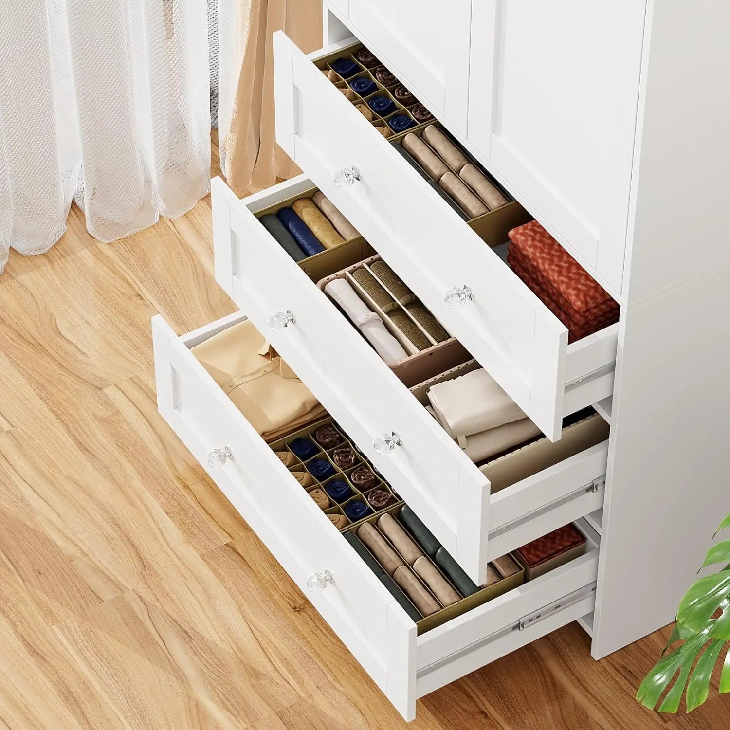 71' Wooden Wardrobe with Drawers, Mirror & Hanging Rod, Large Bedroom Storage Cabinet