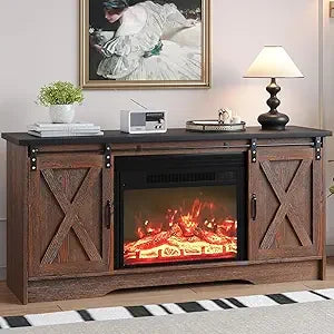 Fireplace TV Stand with Fireplace, Sliding Barn Door, Adjustable Storage Cabinets, Farmhouse Entertainment Center
