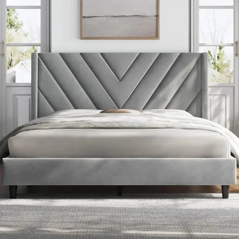Upholstered Platform Bed Frame – Tufted Wingback Headboard with Wooden Slat Support