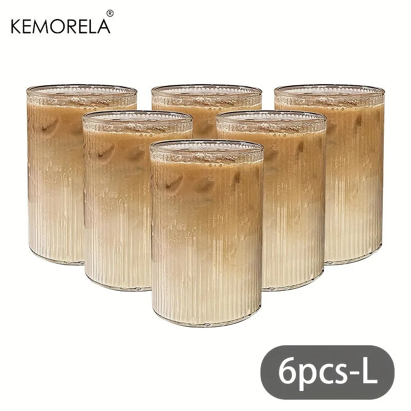 KEMORELA 4/6pcs Vintage Ribbed Cup Set 300ML Vertical Stripe Pattern High Borosilicate Glass Coffee Juice Cup For Dining Room