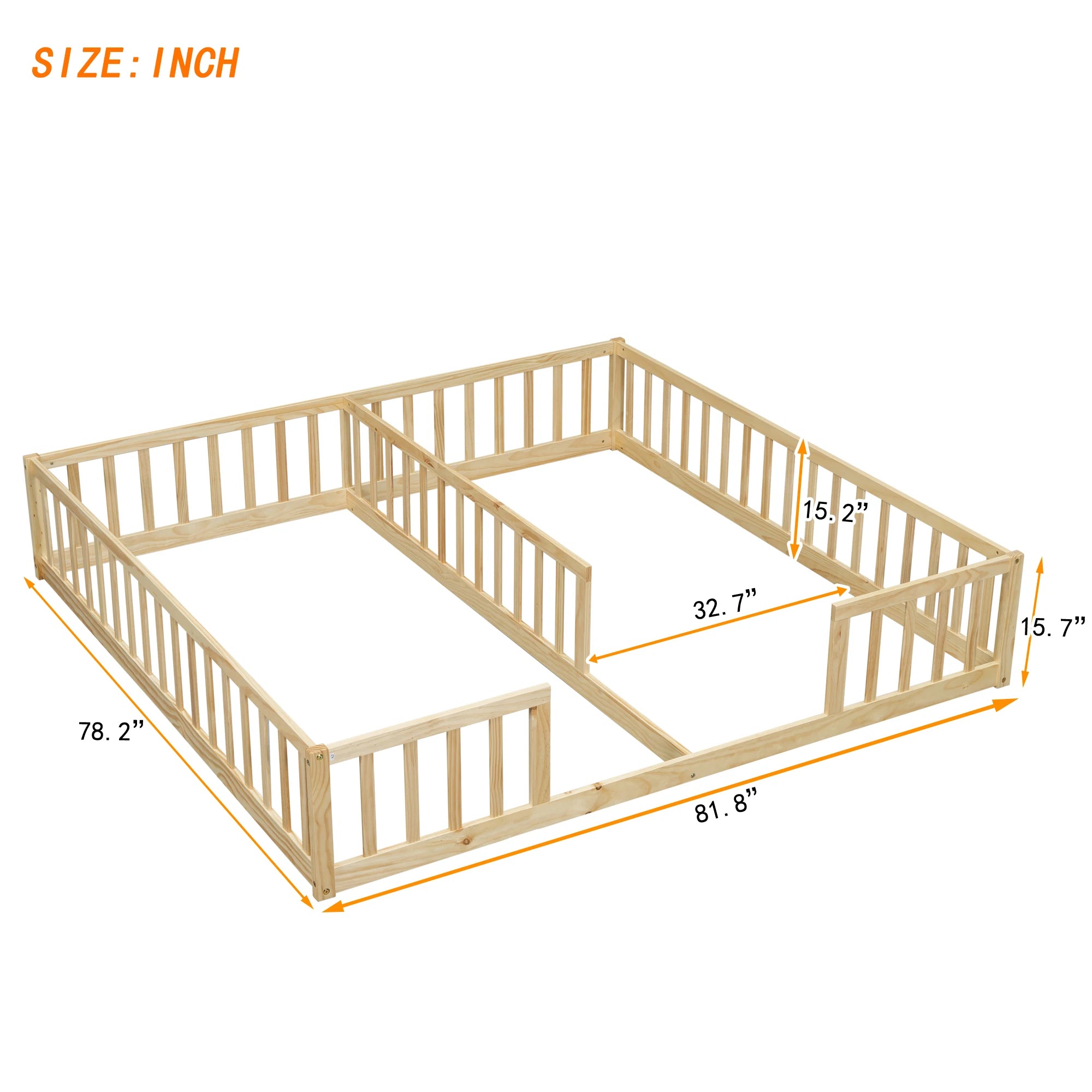 Double Twin Floor Bed with Fence & Guardrails – Doorless Design