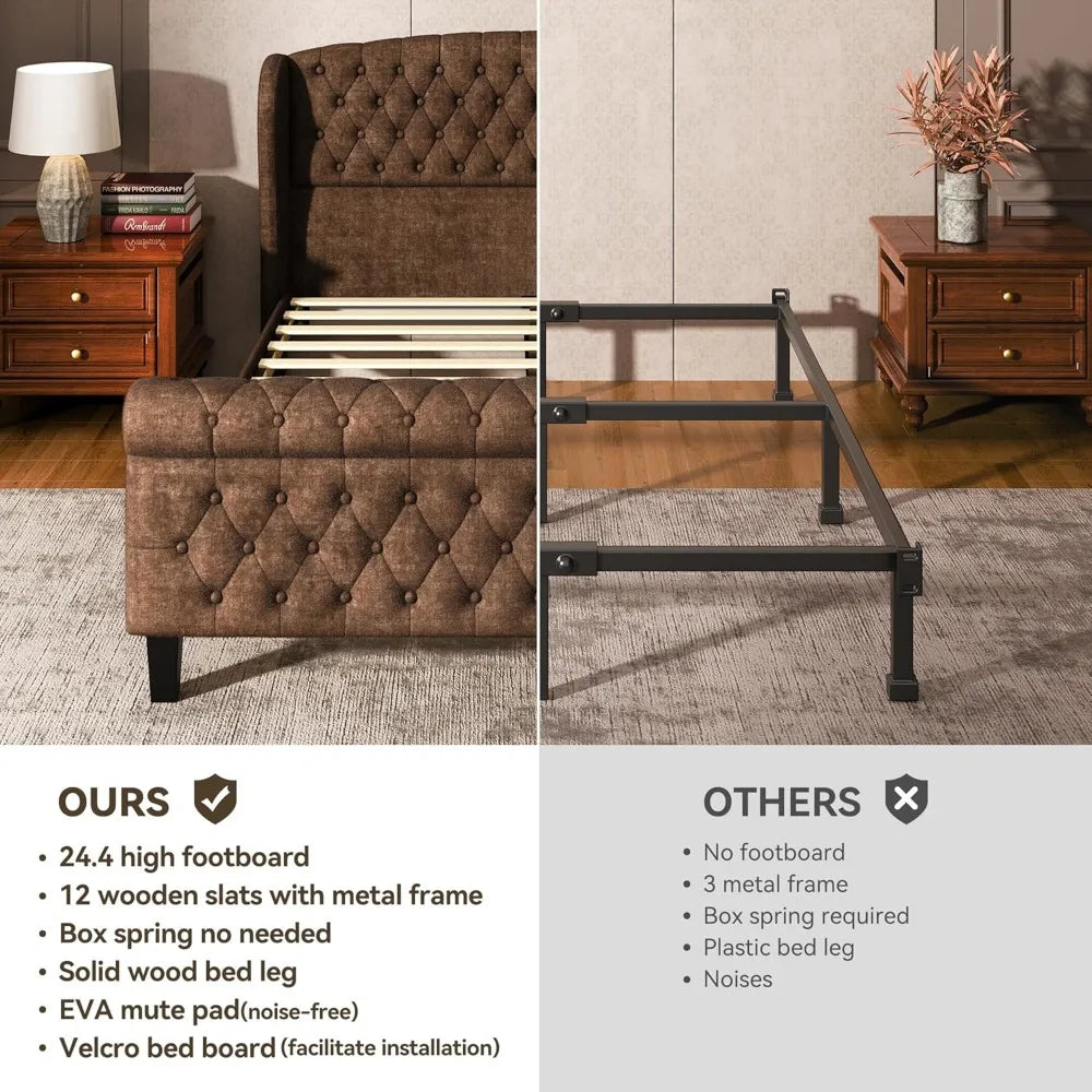 Queen Size Sleigh Bed Frame – Chenille Upholstered Wingback Headboard with Button-Tufted Scroll Footboard