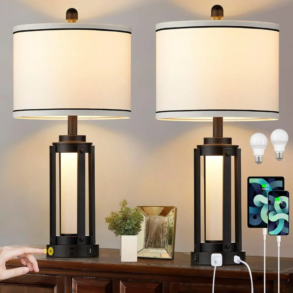 Customizable-25" Modern Table Lamps Set Of 2, Industrial Beside Lamps With USB A+C Charging Ports & AC Outlet, Nightstand Lamp W