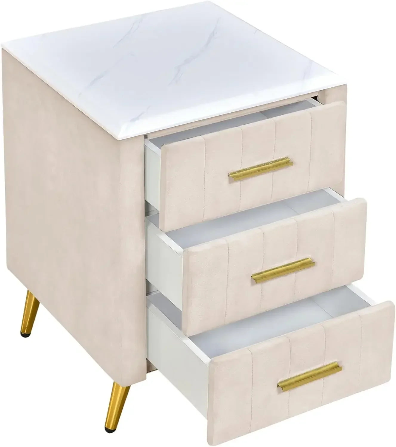 Modern Wooden Nightstand with 3 Drawers and Metal Legs&Handles,Velvet Upholstered Bedside Table with Marbling Worktop (Beige-01)