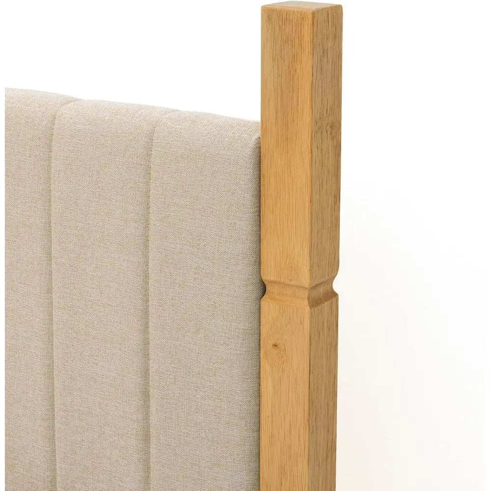 Queen Size Solid Wood Bed Frame with Upholstered Headboard – Beige Linen Platform Bed