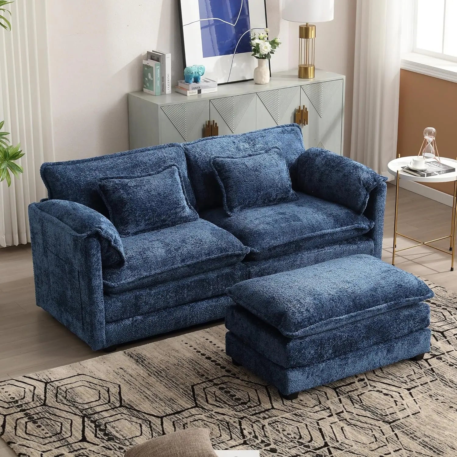 Sectional Modular Cloud Sofa Couch, 76.77" Chenille Comfy Upholstered L-Shape Sofa with Re-moveable Ottoman and 2 Pillows