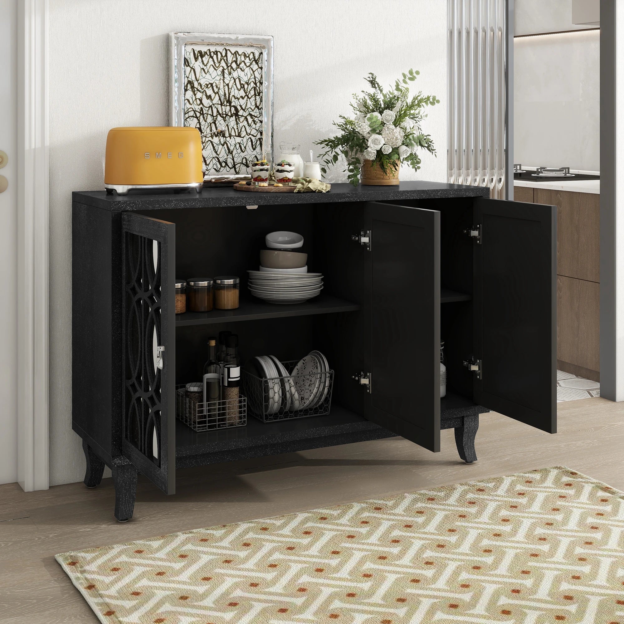 Sideboard with Glass Doors, 3 Door Mirrored Buffet Cabinet with Silver Handle for Living Room, Hallway, Dining Room (Black)