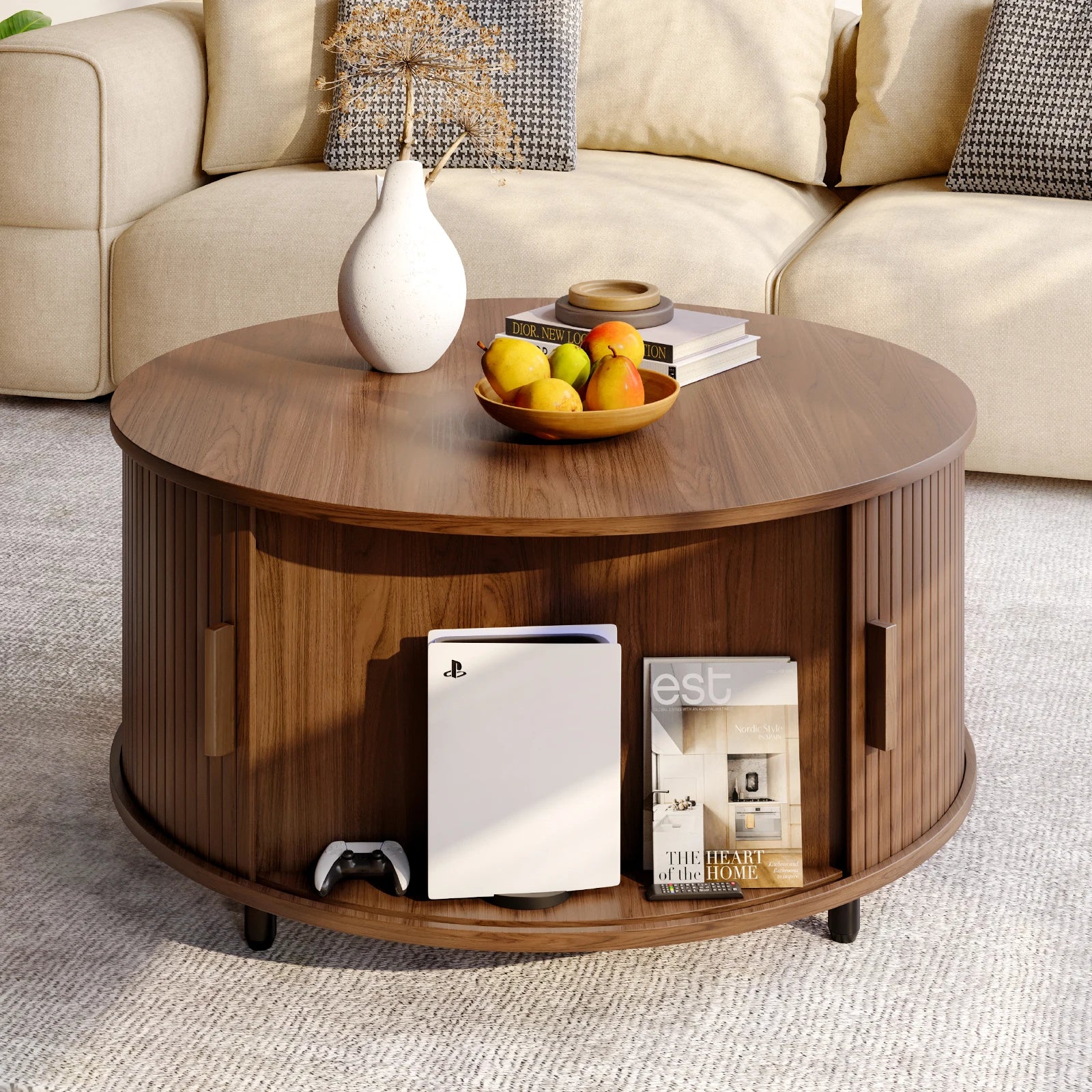 Round Coffee Table with Storage – 31.5” Modern Fluted Coffee Table with 360° Curved Sliding Door