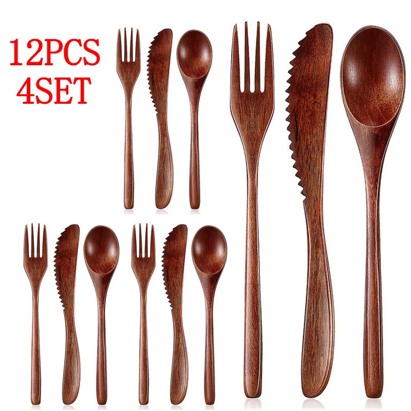 24/12 Pieces Wooden Spoon Soup Spoon and Fork Tableware Natural Ellipse Ladle Spoon Set Eco Friendly Products Spoons for Cooking