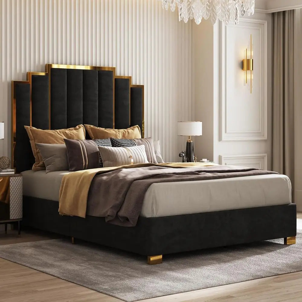 Modern Velvet Queen Bed Frame – 61.4″ Tall Gold Headboard (Black)
