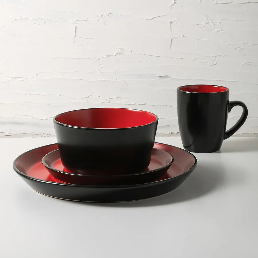 Albie Stoneware 32 Piece Dinnerware Set Plates and Bowls Sets Dish Set for 8 Red and Black Microwave and Dishwasher Safe