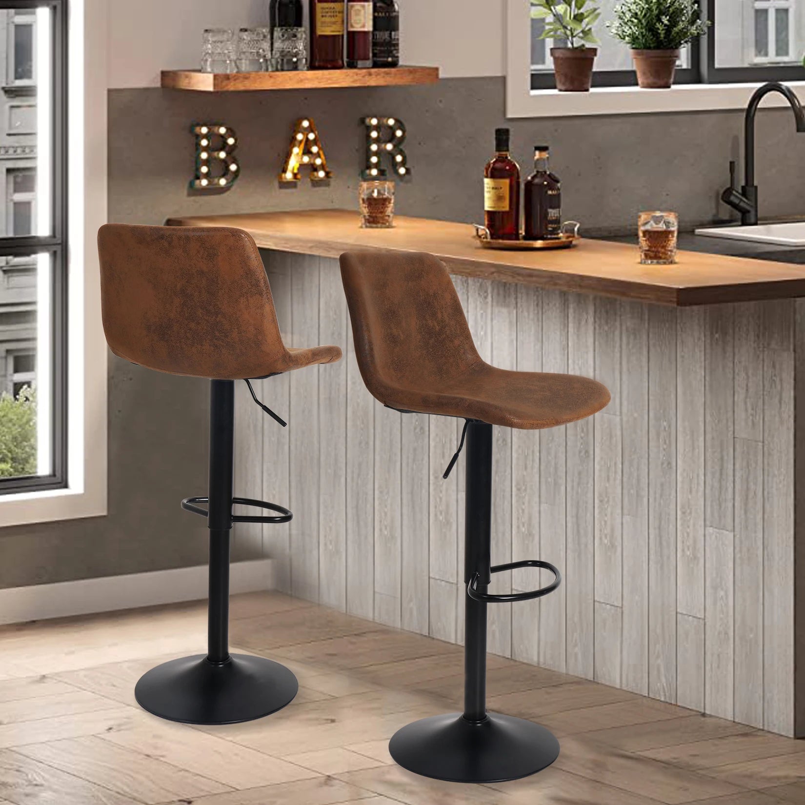 Industrial Vintage Adjustable Bar Stools – Set of 2 Pipe-Style Leather Bar Chairs