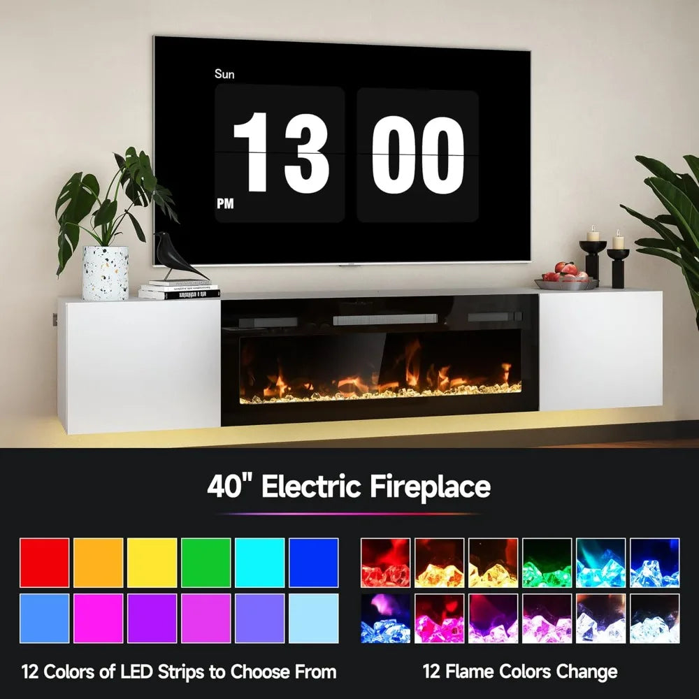 80" Floating TV Stand with 40" Electric Fireplace & LED Lights, Wall Mounted High Gloss Finish Entertainment Center with Storage