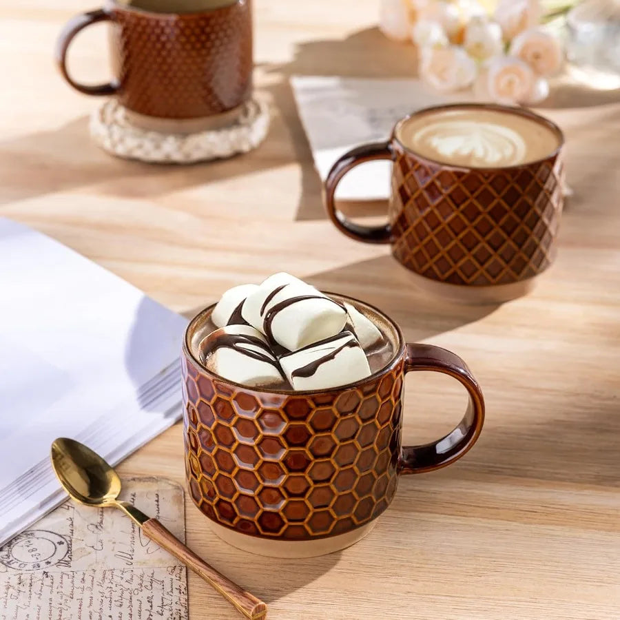 Modern Stackable Ceramic Coffee Mugs Set of 4 with Textured Patterns for Everyday Use in Home or Office Ideal for Serving Latte