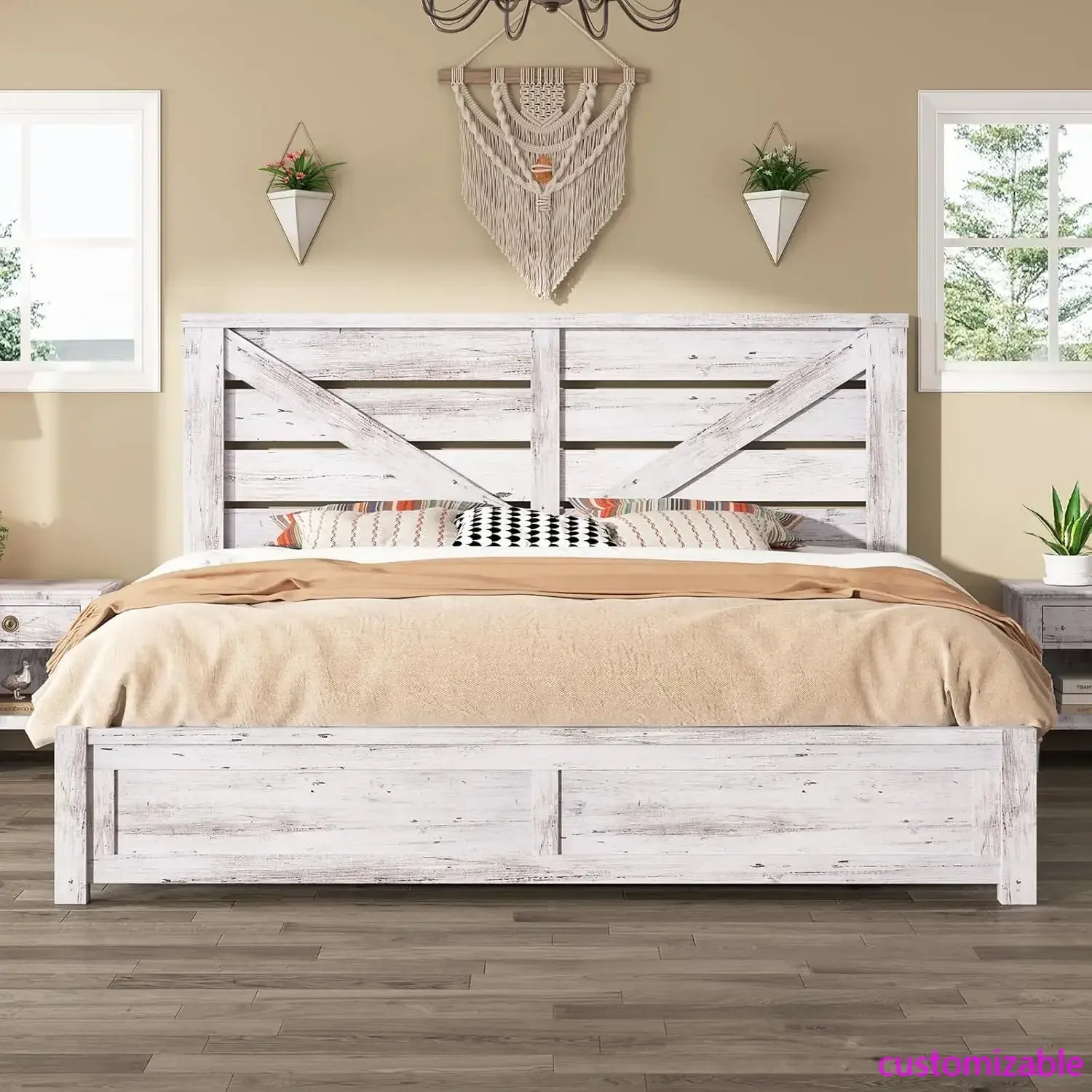 King Size Farmhouse Platform Bed Frame – 49.2″ Barn Door Headboard with Underbed Storage (Distressed White)