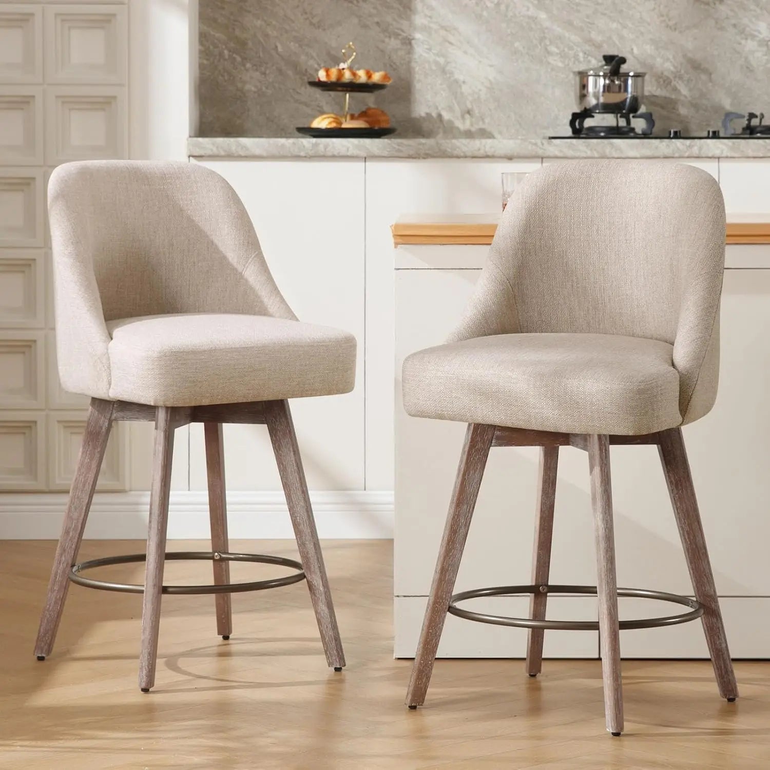Mid-Century Swivel Counter-Height Bar Stools with Back – Linen Upholstered, Wood Legs (Set of 2)