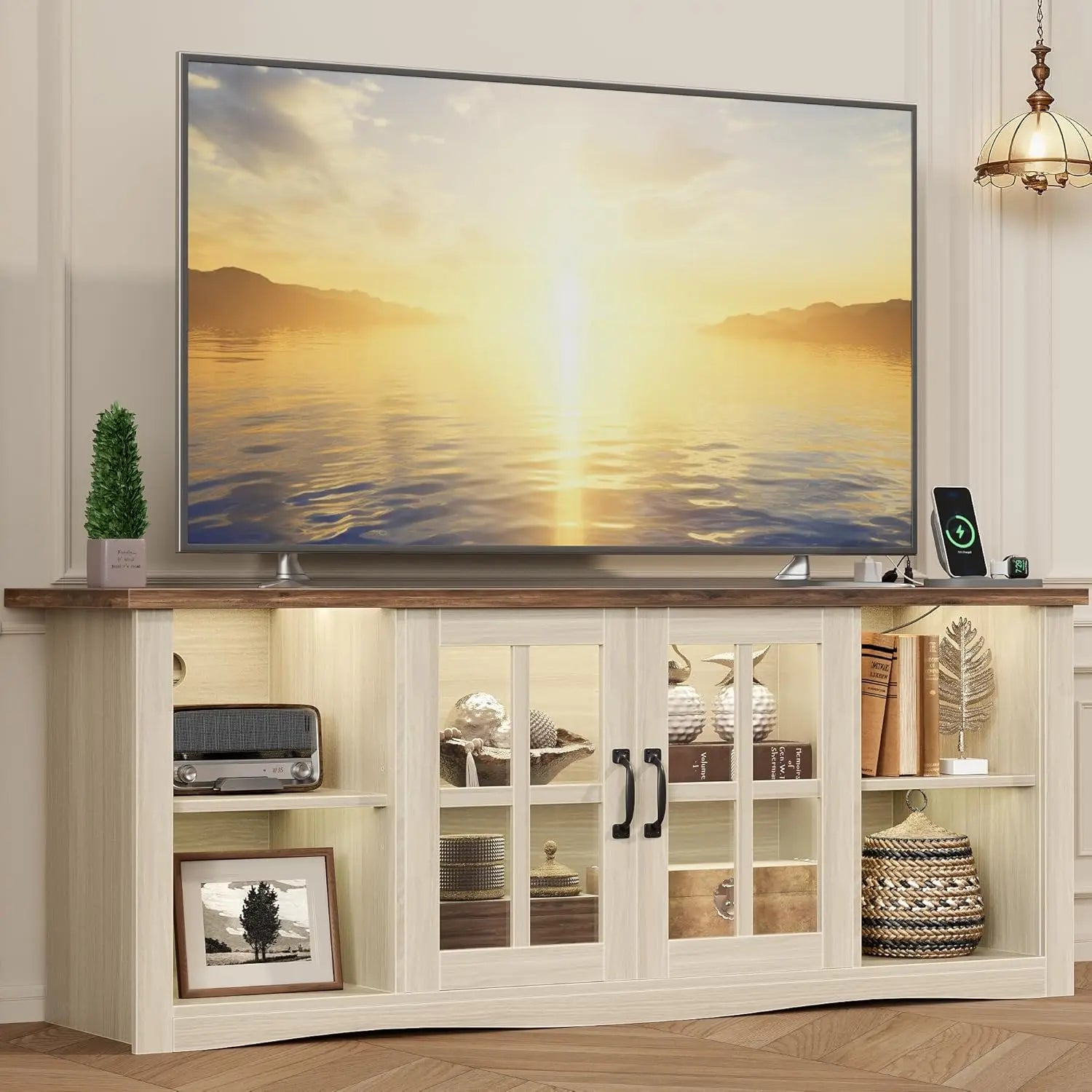 Farmhouse LED TV Stand with Power Outlet,for Televisions up to 65 Inches,Wood Entertainment Center with Glass Door Storage