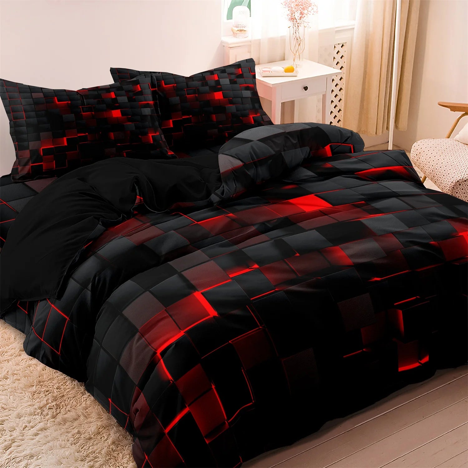 3pcs 3D Digital Print Energy Block Geometric Cube Modern Grid Plaid Checked Bedding Set  Includes 1*Duvet Cover & 2*Pillowcases
