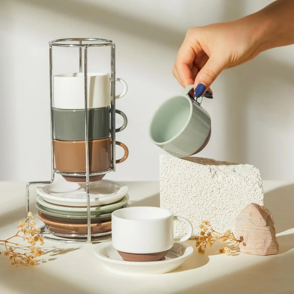 Set of 4 Porcelain Stackable Espresso Cups with Saucers and Metal Stand, Multicolor, 2.5 Ounce