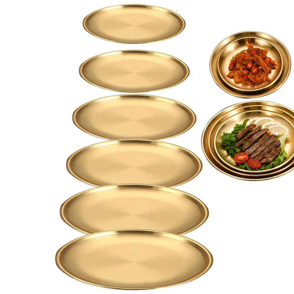 Gold Stainless Steel Round Plate – Rust-Proof Shallow Tray for Dining & Outdoor Use