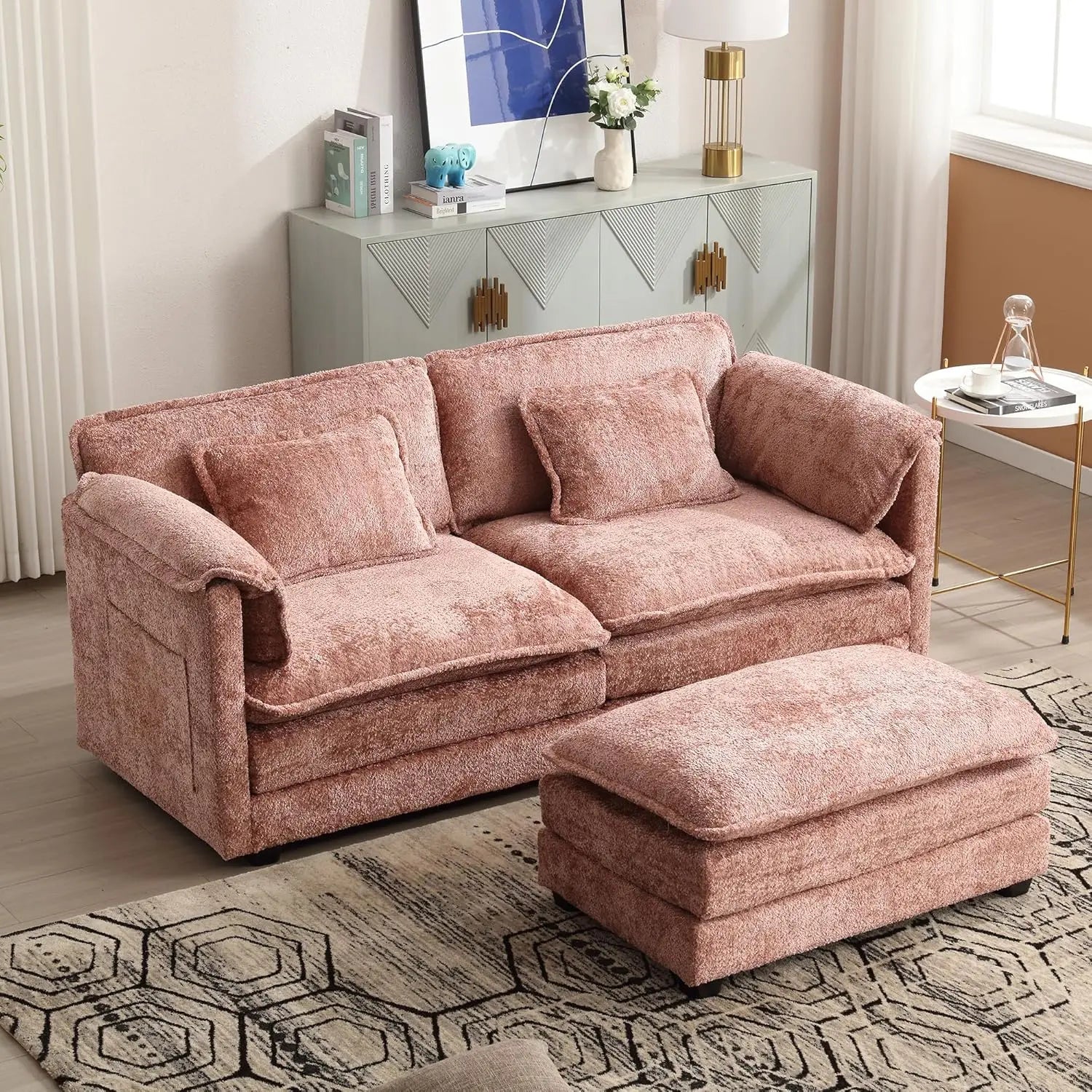 Sectional Modular Cloud Sofa Couch, 76.77" Chenille Comfy Upholstered L-Shape Sofa with Re-moveable Ottoman and 2 Pillows