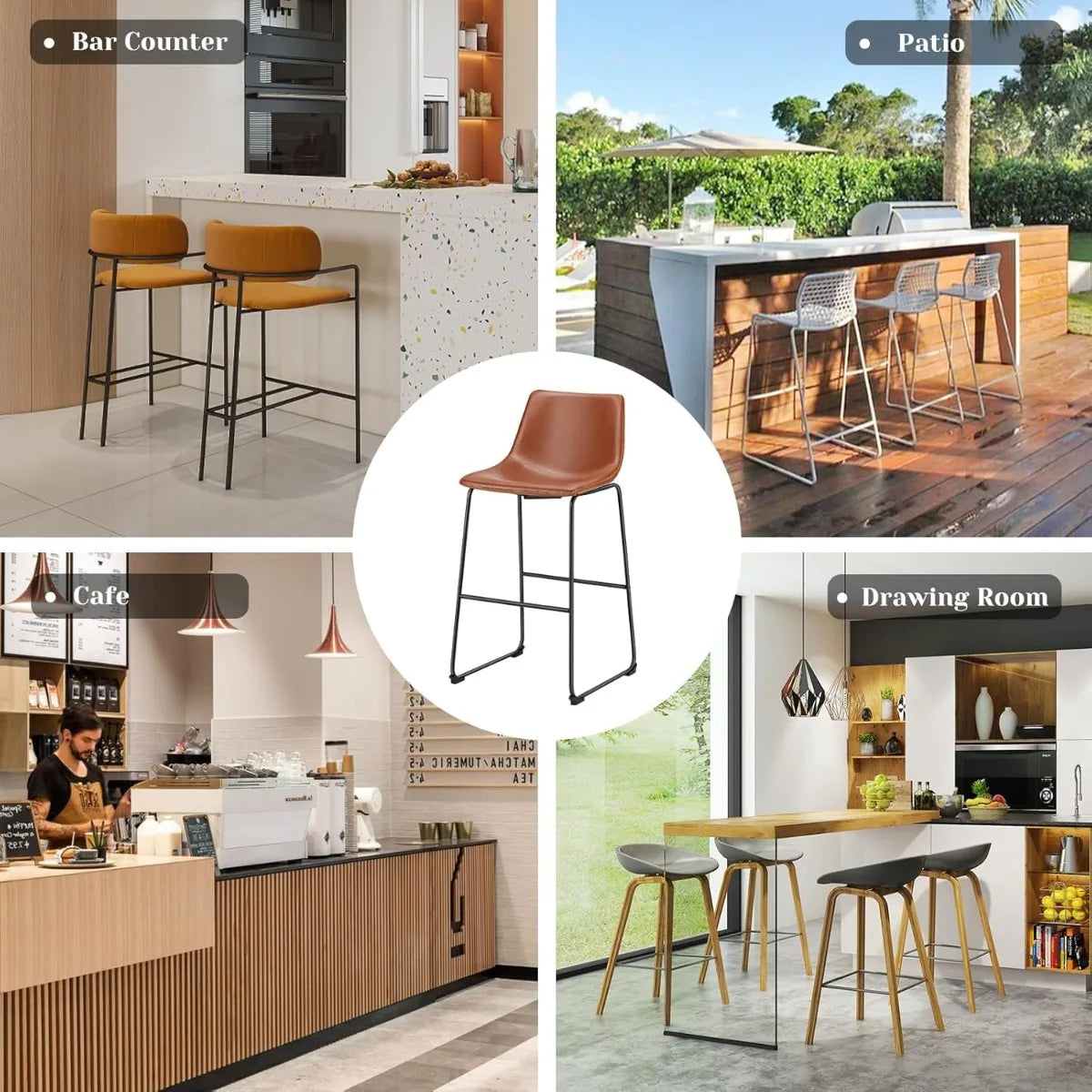 Modern Counter-Height Bar Stools – Metal Legs (Set of 4, Brown)