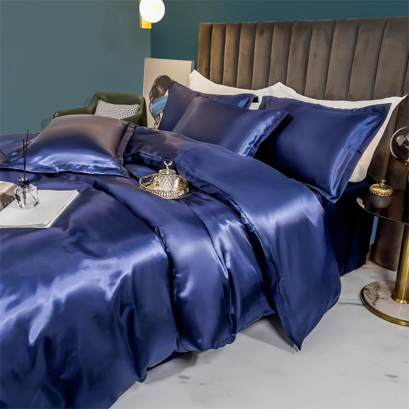 Solid Silk Bedding Set with Duvet Cover Bed Sheet Pillow Case Luxury Single Double Couple Rayon Satin Pillowcases Bedsheet