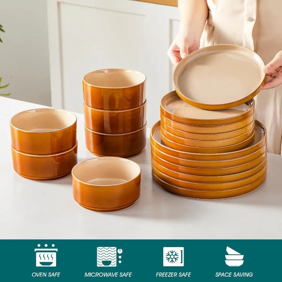 Ceramic Plates and Bowls Sets, 18 Pieces Brown Dinnerware Sets for Kitchen, Reactive Glaze Dishes Set for 6, Dishwasher and Micr