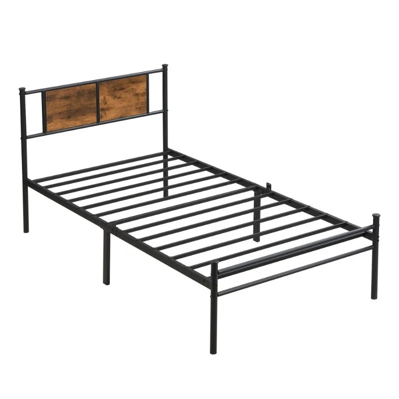 Twin Size Metal Bed Frame with Wood Panel Headboard – Quick Assembly, Noiseless (Black)