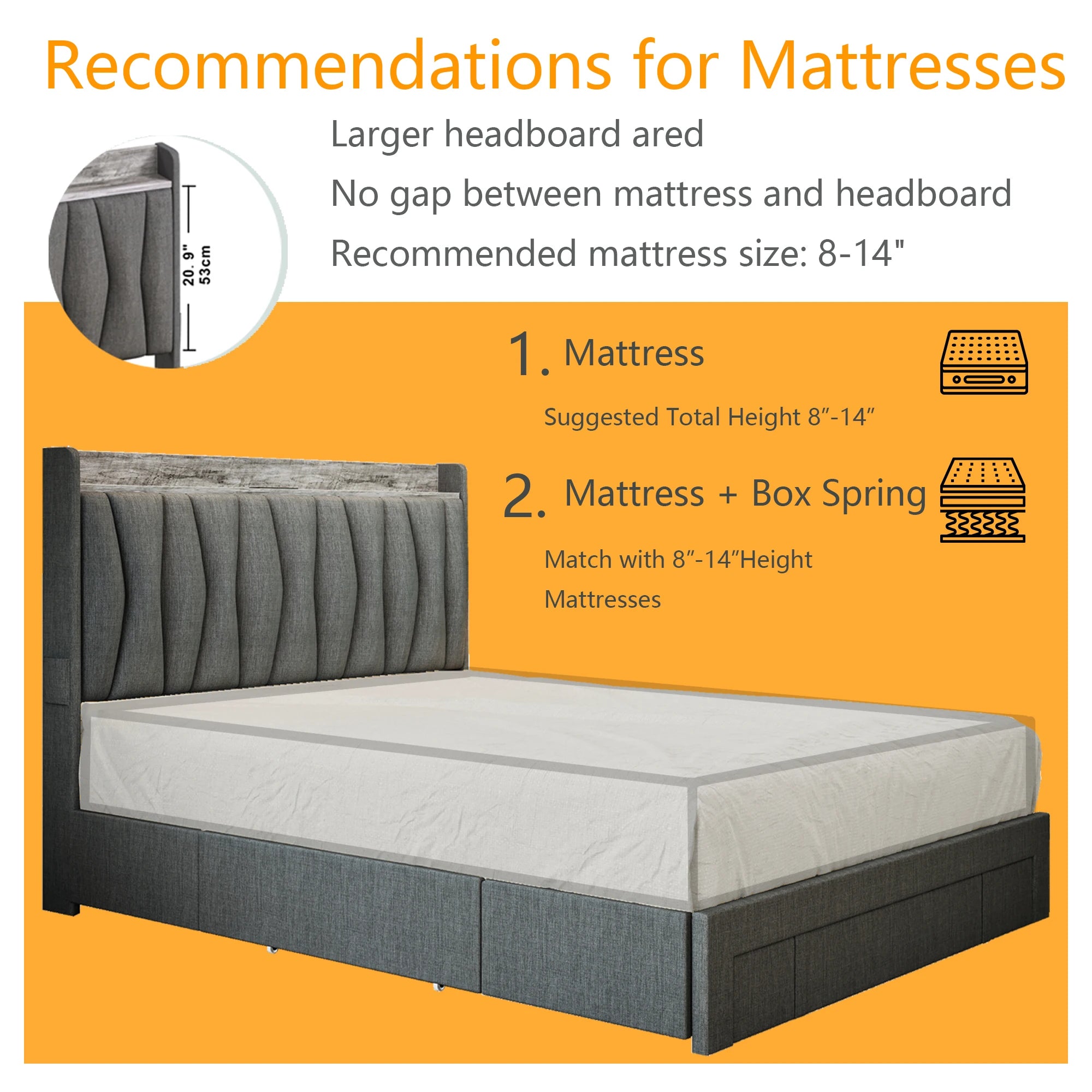 Upholstered Platform Bed Frame with 3 Storage Drawers – Storage Headboard & Charging Station